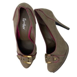 Limelight Carey brown suede heels with pink piping & gold buckle detail, 10